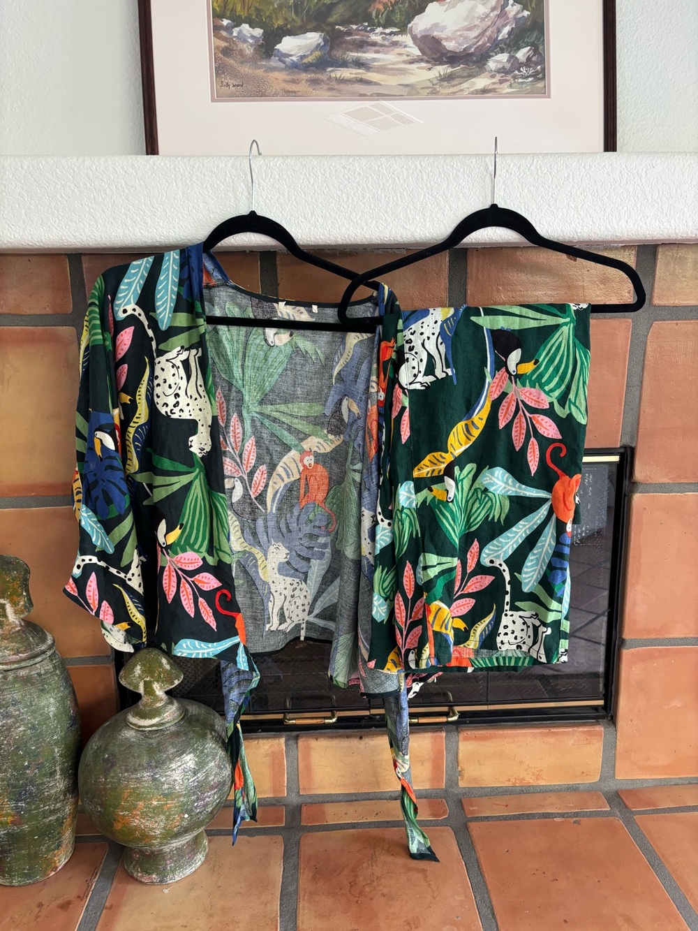 Christian Siriano Linen tropical jungle two piece set Wide Leg Pants: Resort